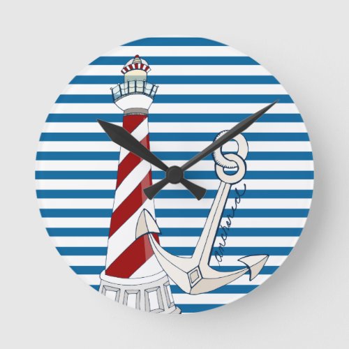 Lighthouse and Anchor Blue and White Stripe Clock