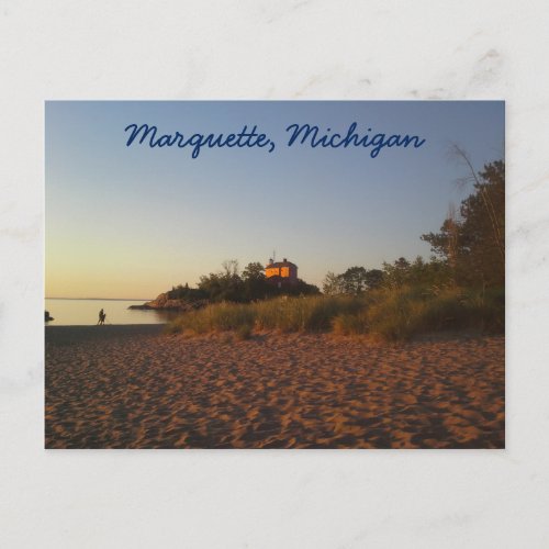 Lighthouse and beach at sunrise in Marquette Postcard