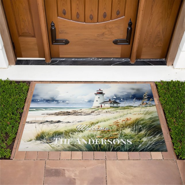 Lighthouse and Beach Scene Personalized Doormat (Outdoor)