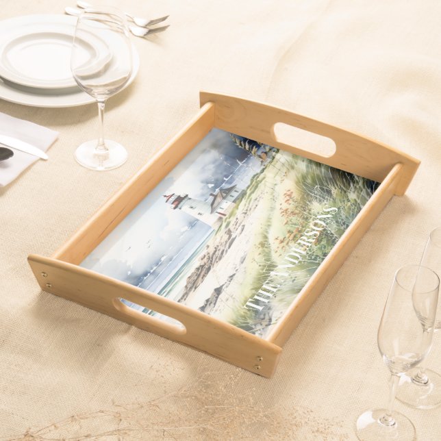 Lighthouse and Beach Scene Personalized Serving Tray (Front)