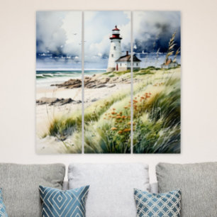 Lighthouse and Beach Scene Triptych