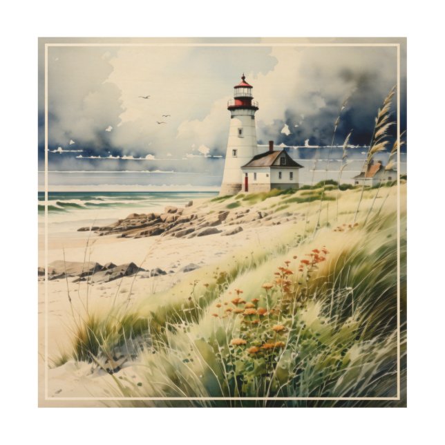 Lighthouse and Beach Scene Wood Wall Art (Front)