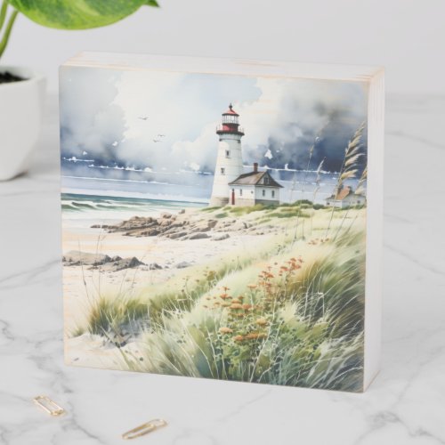 Lighthouse and Beach Scene Wooden Box Sign