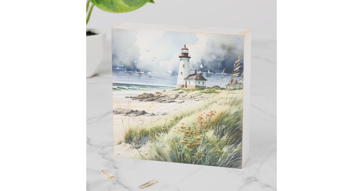 Lighthouse and Beach Scene Wooden Box Sign | Zazzle