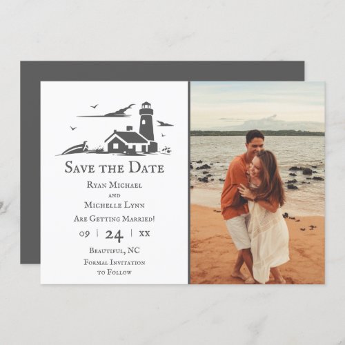 Lighthouse and Boat Nautical Seaside Beach Wedding Save The Date