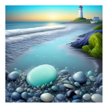 Lighthouse and Colorful Pebbles at Sunrise