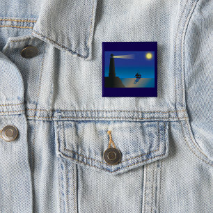 Lighthouse and Sailboat at Night Moonlit Ocean Button