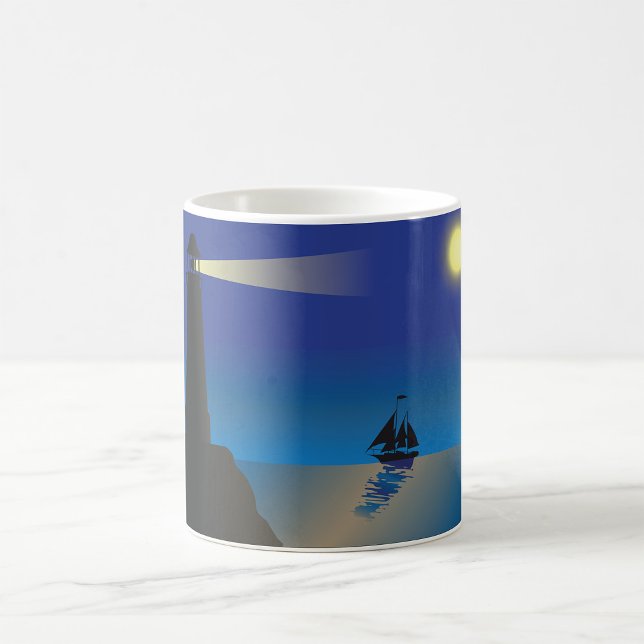 Lighthouse and Sailboat at Night Moonlit Ocean Coffee Mug (Creator Uploaded)