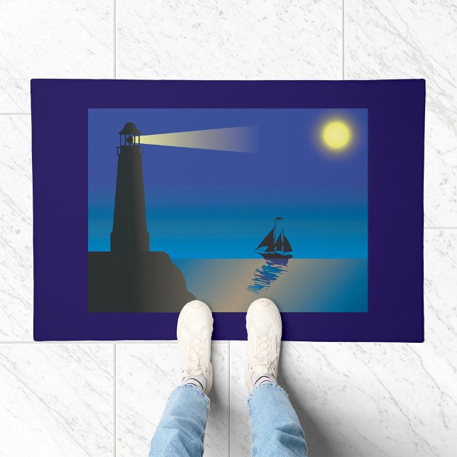 Lighthouse and Sailboat at Night Moonlit Ocean Doormat (Creator Uploaded)
