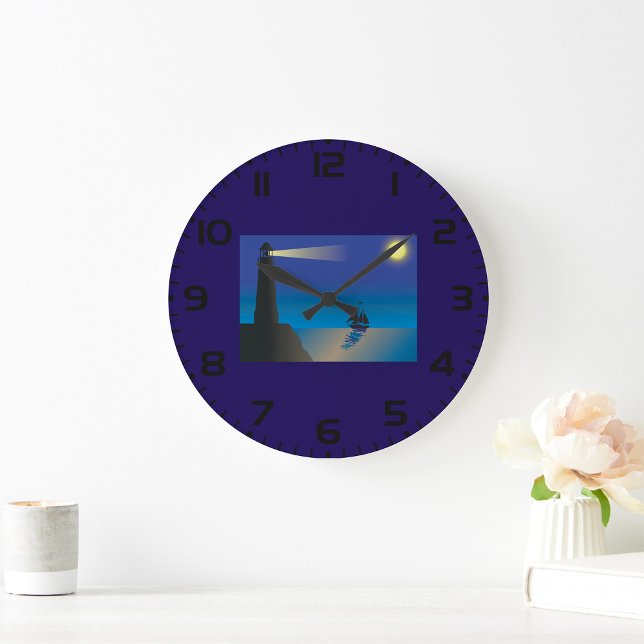 Lighthouse and Sailboat at Night Moonlit Ocean Large Clock (Creator Uploaded)