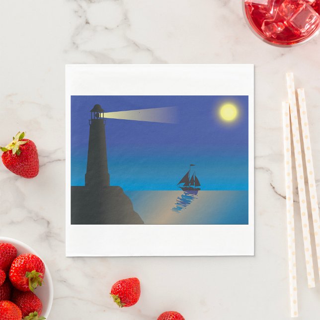Lighthouse and Sailboat at Night Moonlit Ocean Napkins (Creator Uploaded)