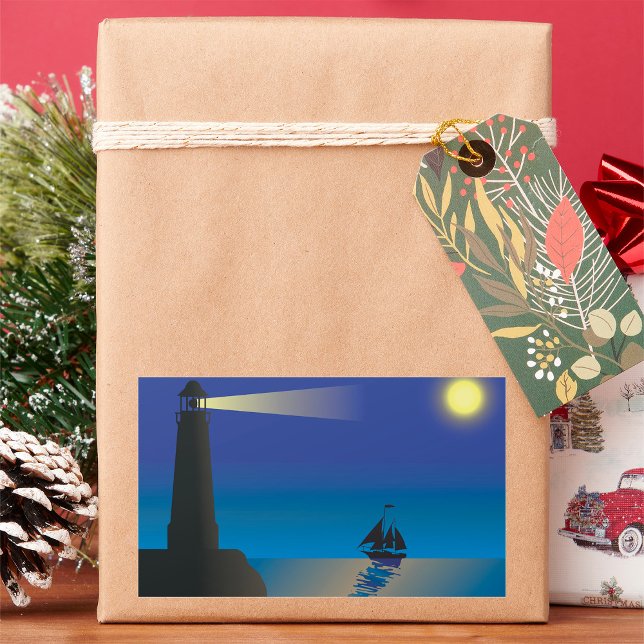 Lighthouse and Sailboat at Night Moonlit Ocean Rectangular Sticker (Creator Uploaded)