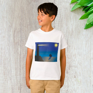 Lighthouse and Sailboat at Night Moonlit Ocean T-Shirt