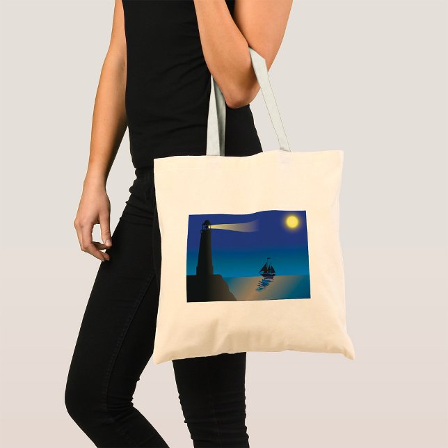 Lighthouse and Sailboat at Night Moonlit Ocean Tote Bag (Creator Uploaded)