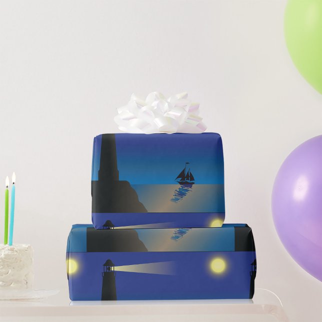 Lighthouse and Sailboat at Night Moonlit Ocean Wrapping Paper (Creator Uploaded)