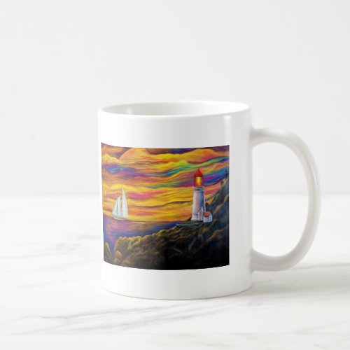 Lighthouse and Sailboat at Sunset Ocean Mug