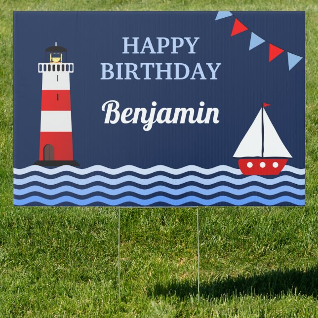 Lighthouse and Sailboat Nautical Birthday Party Sign (Insitu)