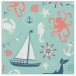 Lighthouse and Sailboats Nautical Aqua Fabric