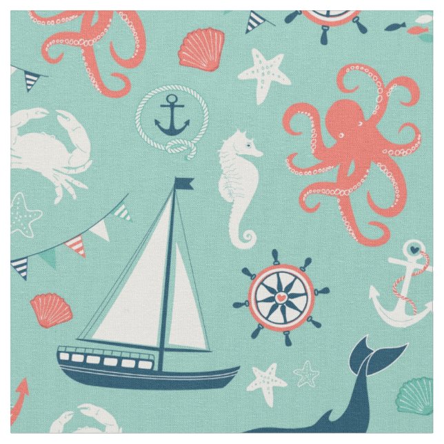 Lighthouse and Sailboats Nautical Aqua Fabric (Close Up)