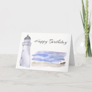 Lighthouse and Sea Watercolor Pencil Art Birthday Card