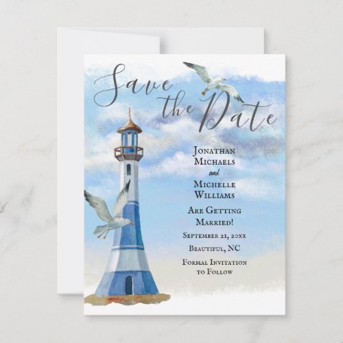 Lighthouse and Seagulls Nautical Beach Wedding Save The Date