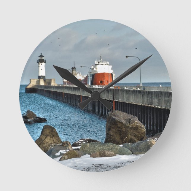 Lighthouse and Ship in Duluth Minnesota Round Clock (Front)