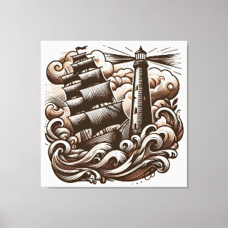 Lighthouse and Ship on the Sea - Vintage Engraved Canvas Print