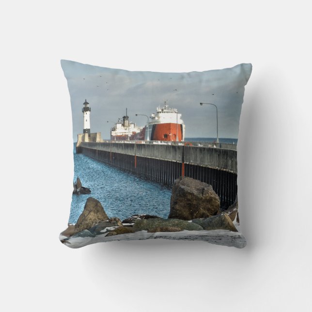 Lighthouse and Ship Throw Pillow (Front)