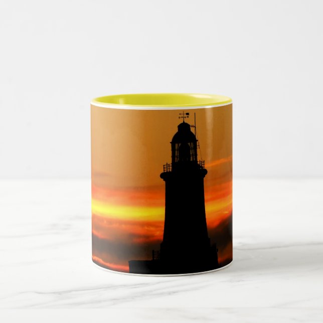 Lighthouse and sky on fire Two-Tone coffee mug (Center)