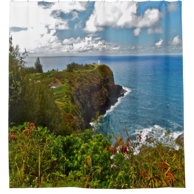 LIGHTHOUSE AND SPARKLING CERULEAN OCEAN SHOWER CURTAIN (Front)