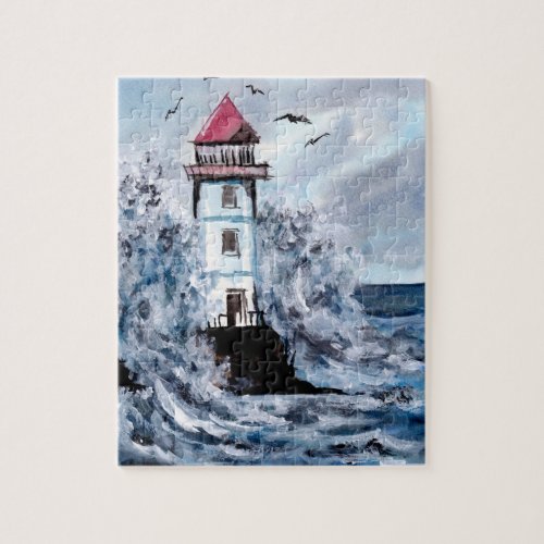 Lighthouse and Storm Watercolor Jigsaw Puzzle