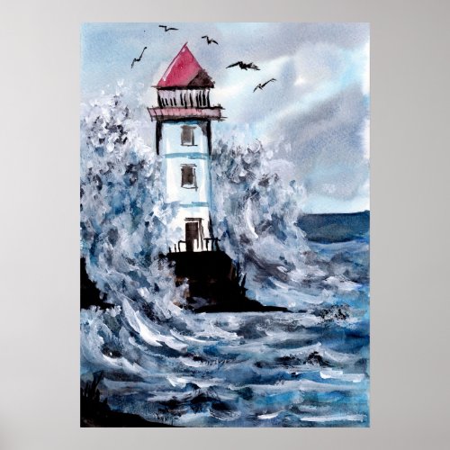 Lighthouse and Storm Watercolor Poster