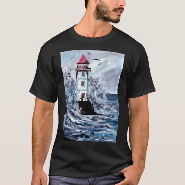 Lighthouse and Storm Watercolor T-Shirt (Front)