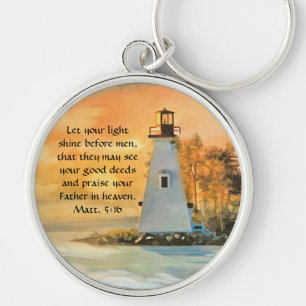 Lighthouse and Sunset Bible Verse Keychain