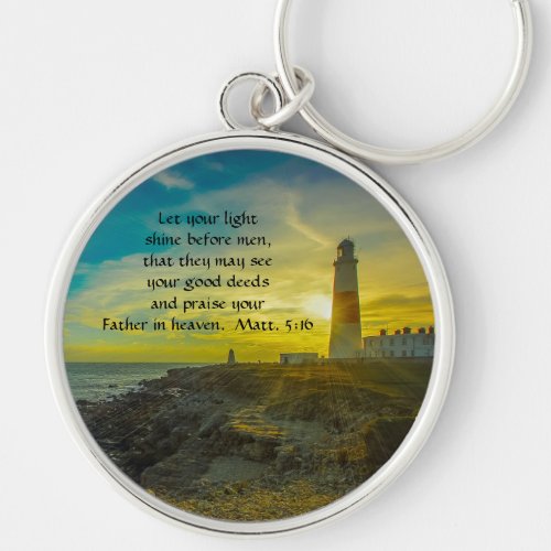 Lighthouse and Sunset Bible Verse Keychain