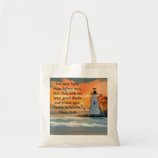 Lighthouse and Sunset Bible Verse Tote Bag (Front)