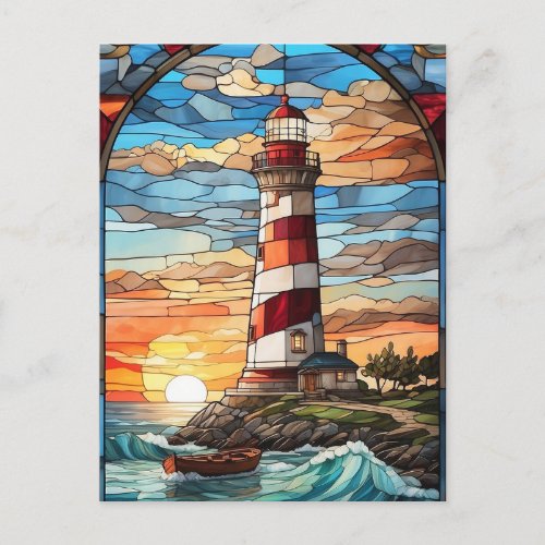 Lighthouse and Sunset Stained Glass Illustration  Postcard