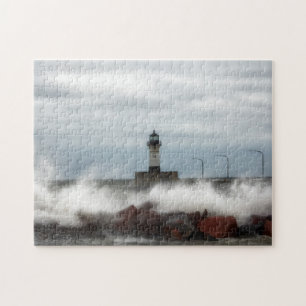 Lighthouse and Waves Duluth Minnesota Jigsaw Puz Jigsaw Puzzle