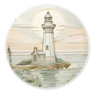 Lighthouse Art Nouveau Faux Relief Pastel Mint Ceramic Knob