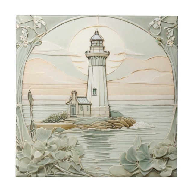Lighthouse Art Nouveau Faux Relief Pastel Mint Ceramic Tile (Front)