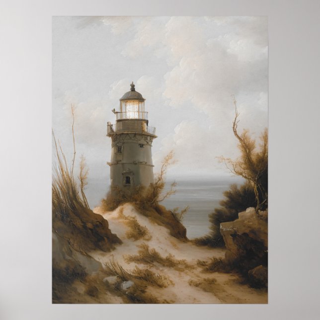 Lighthouse at beach print, vintage art, nautical  poster (Front)