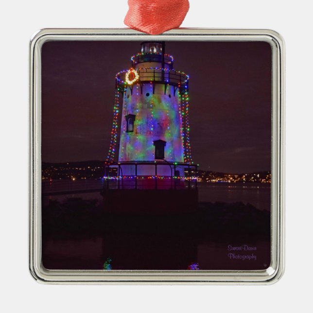 Lighthouse at Christmas Metal Ornament (Front)