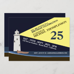 Lighthouse at Night, Beach Birthday Party Invitation