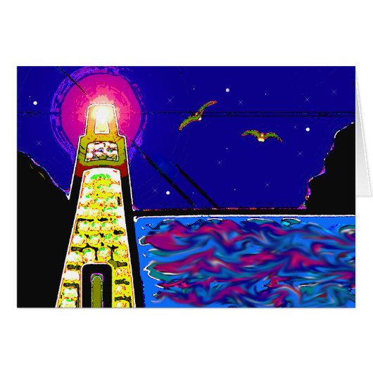 Lighthouse At Night Cards (Front Horizontal)