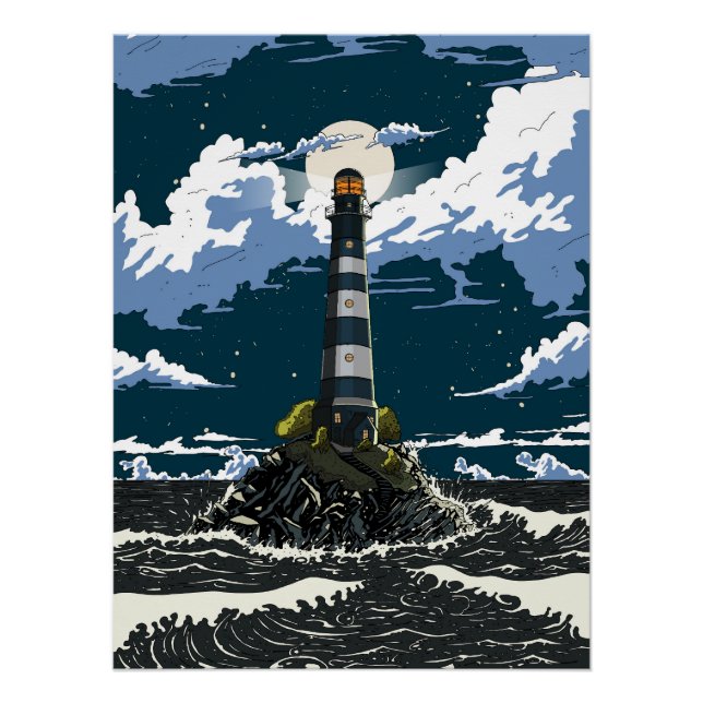Lighthouse At Night Poster (Front)