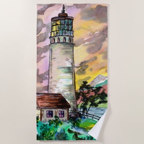 Lighthouse at Sunset Beach Towel