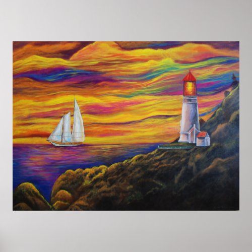 Lighthouse at Sunset Sailboat landscape Mountain Poster