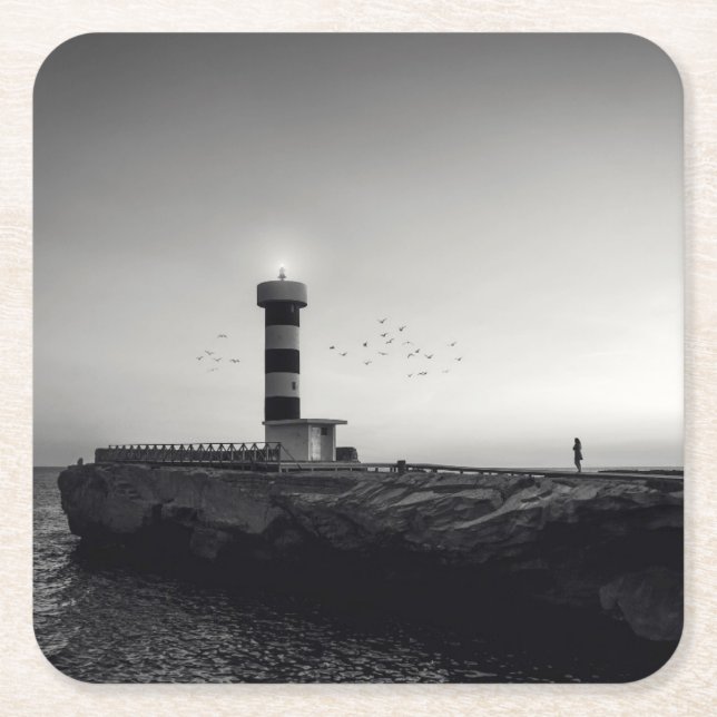 Lighthouse at Sunset Square Paper Coaster (Front)