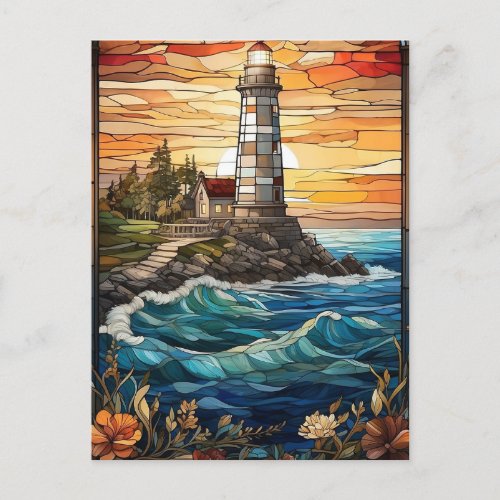 Lighthouse at Sunset Stained Glass Illustration  Postcard