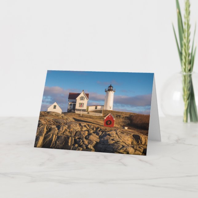 Lighthouse at Sunset with Christmas Decorations Holiday Card (Front)